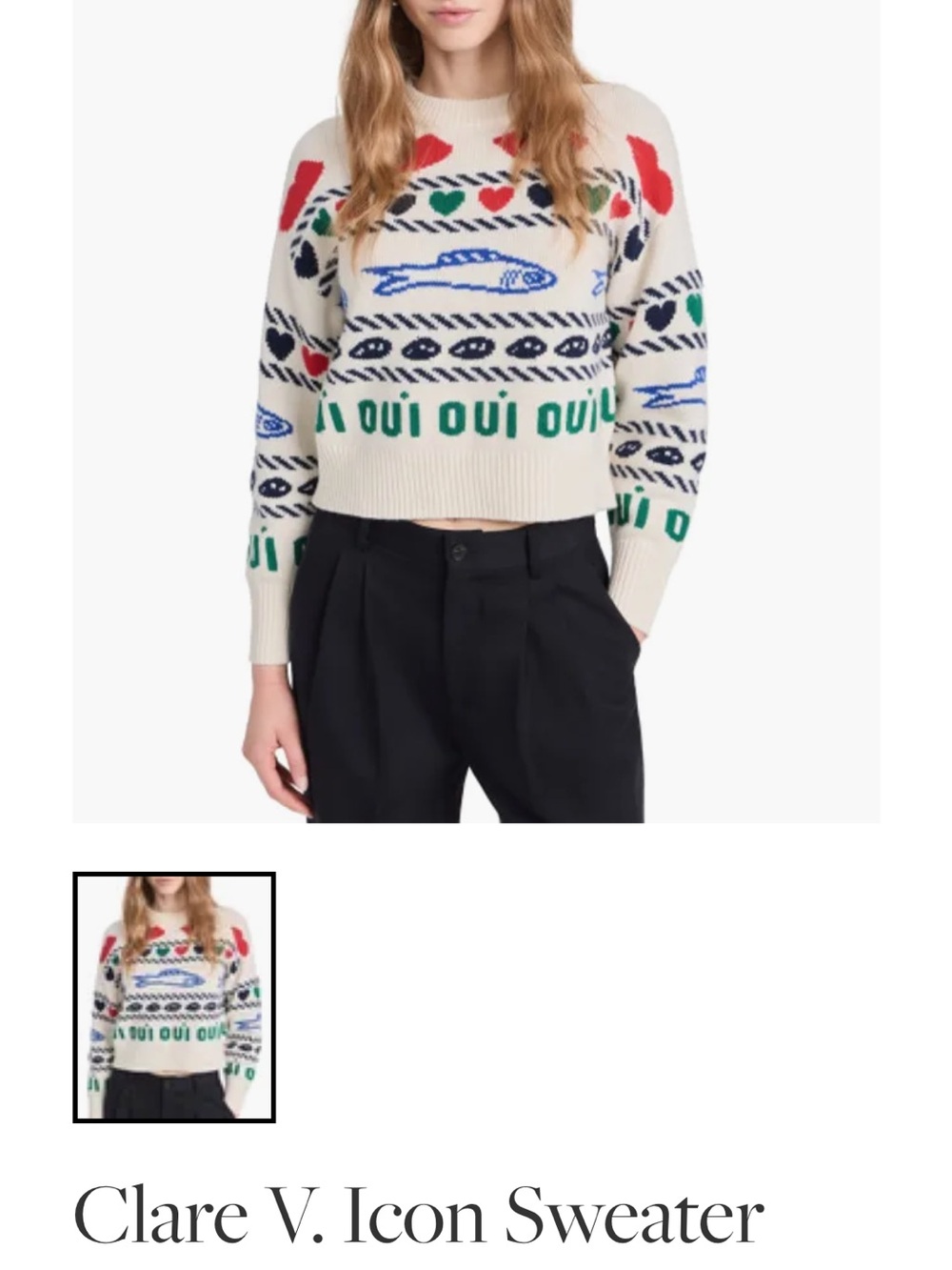 Clare V. Icon Sweater Cream Multi Icons 100% Wool Knit Size Small Oui Fish Lips
